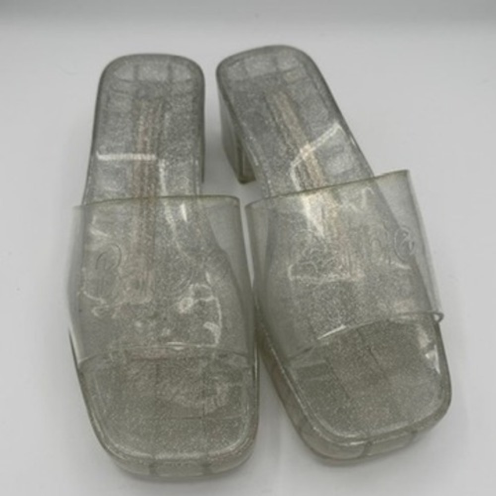 RARE Forever 21 Barbie Jelly Shoes Sz 7 Clear Glitter Block Heel Slide Sandal